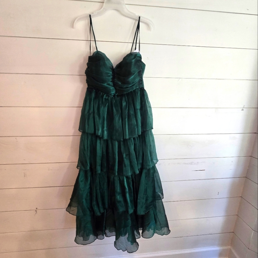 PETAL & PUP. Green maxi dress. It has a gold sheen finish to the fabric/lined